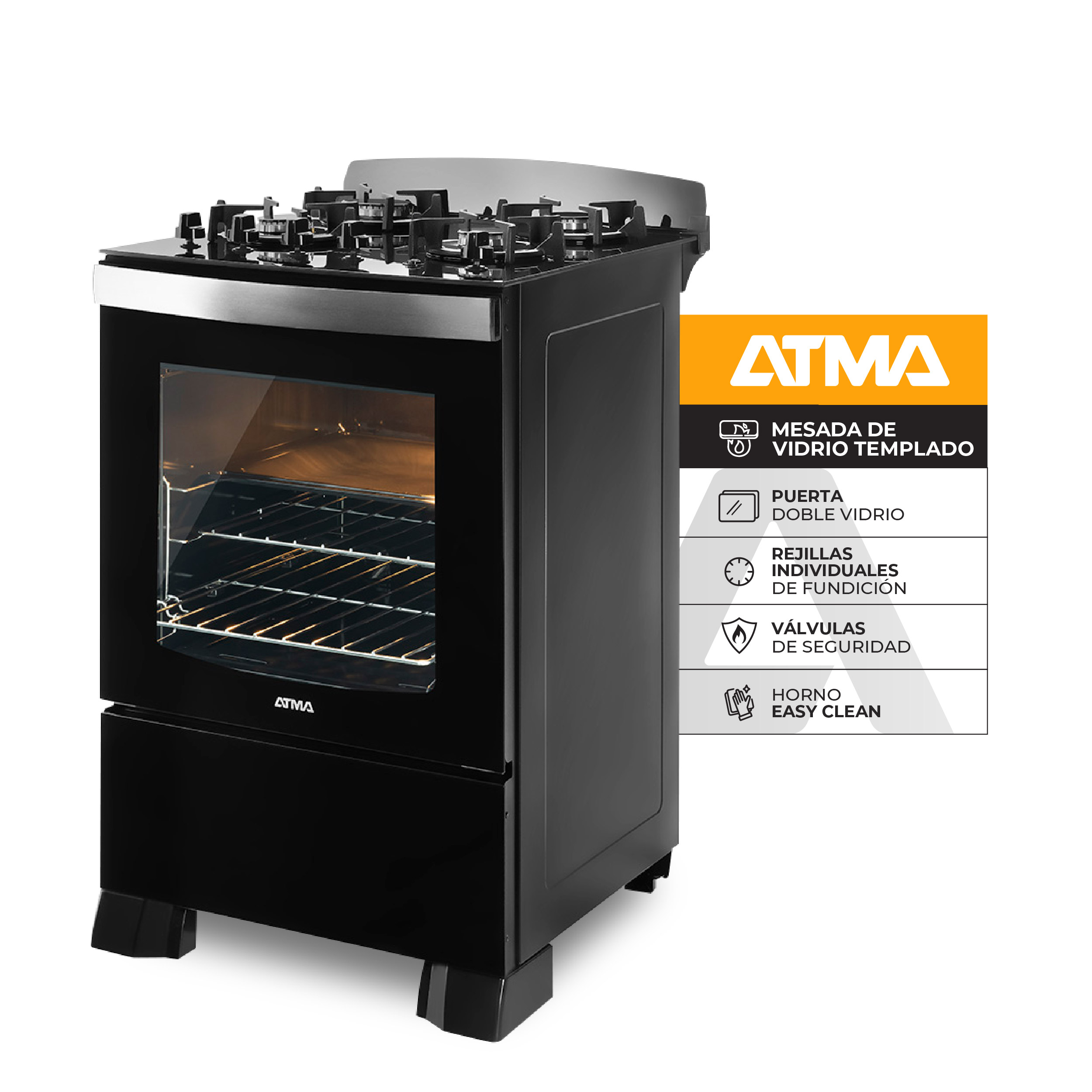 Cocina Atma 4h. 56cm negra multigas gtia 12m.